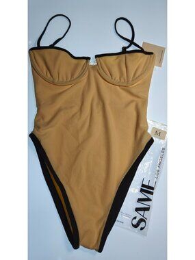 SAME LA One Piece Swimsuit M Beige Faux Suede Underwire High Cut NWT